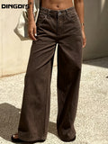 Ladies' New Stretch Loose Wide-Leg Coffee-Colored Jeans, Washed Solid Color Denim Long Pants with Pockets, Basic And Versatile for Women'S Clothing, Comfortable Casual Trousers, Loose Trousers Suitable for Work, Travel, And Office Wear - Coffee Color