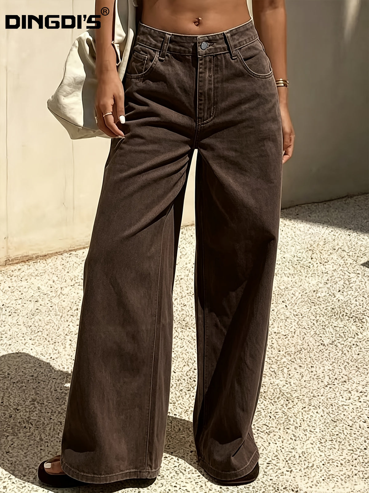Ladies' New Stretch Loose Wide-Leg Coffee-Colored Jeans, Washed Solid Color Denim Long Pants with Pockets, Basic And Versatile for Women'S Clothing, Comfortable Casual Trousers, Loose Trousers Suitable for Work, Travel, And Office Wear - Coffee Color