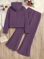 A Set of Women's Rib- Cable- Letter-appliqué Hoodie and Flared Pants - Deep Purple