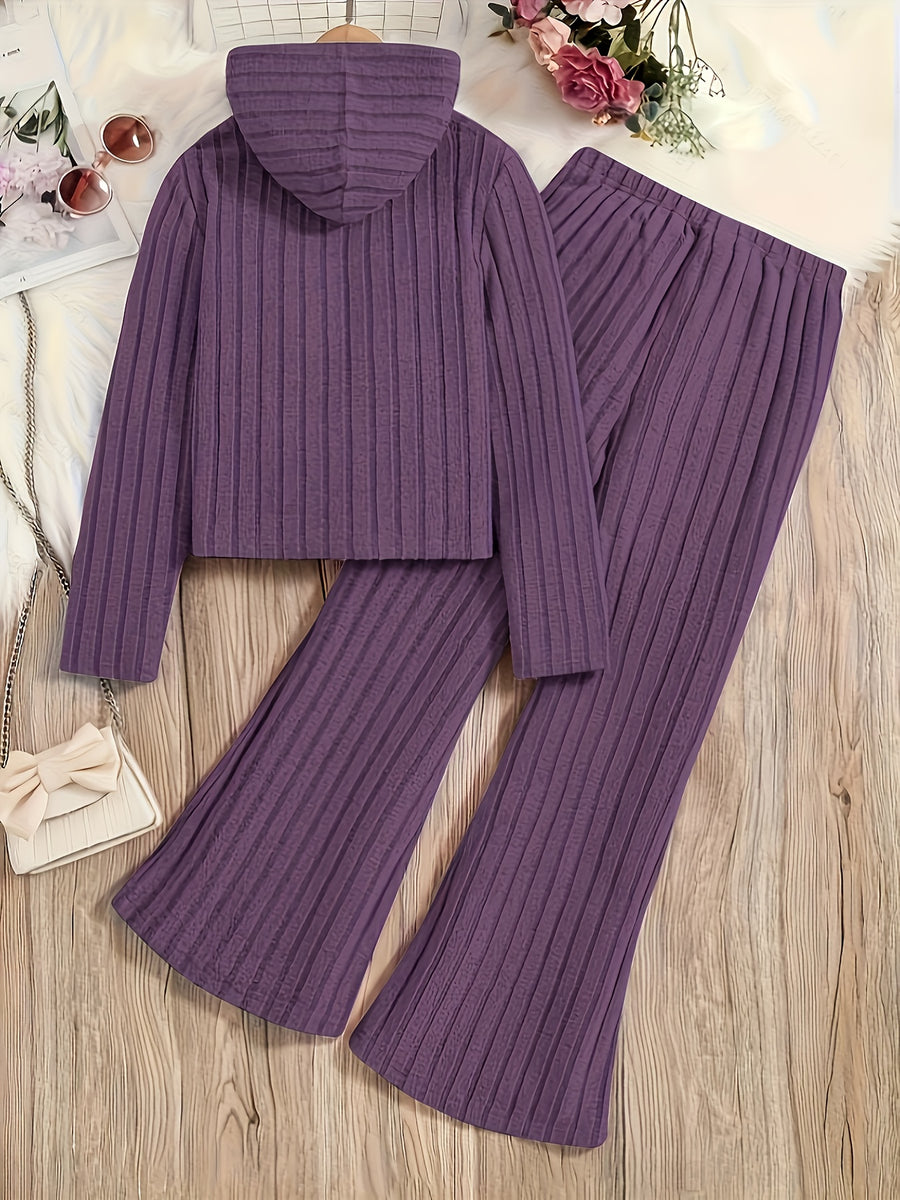 A Set of Women's Rib- Cable- Letter-appliqué Hoodie and Flared Pants - Deep Purple