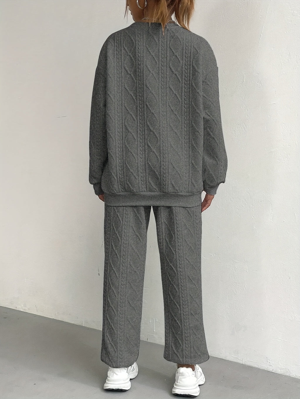 Fashionable And Easy Dark Gray Textured Fabric Jogger Pants And Long-Sleeved Pullover 2pcs Set, Light North - Dark Gray