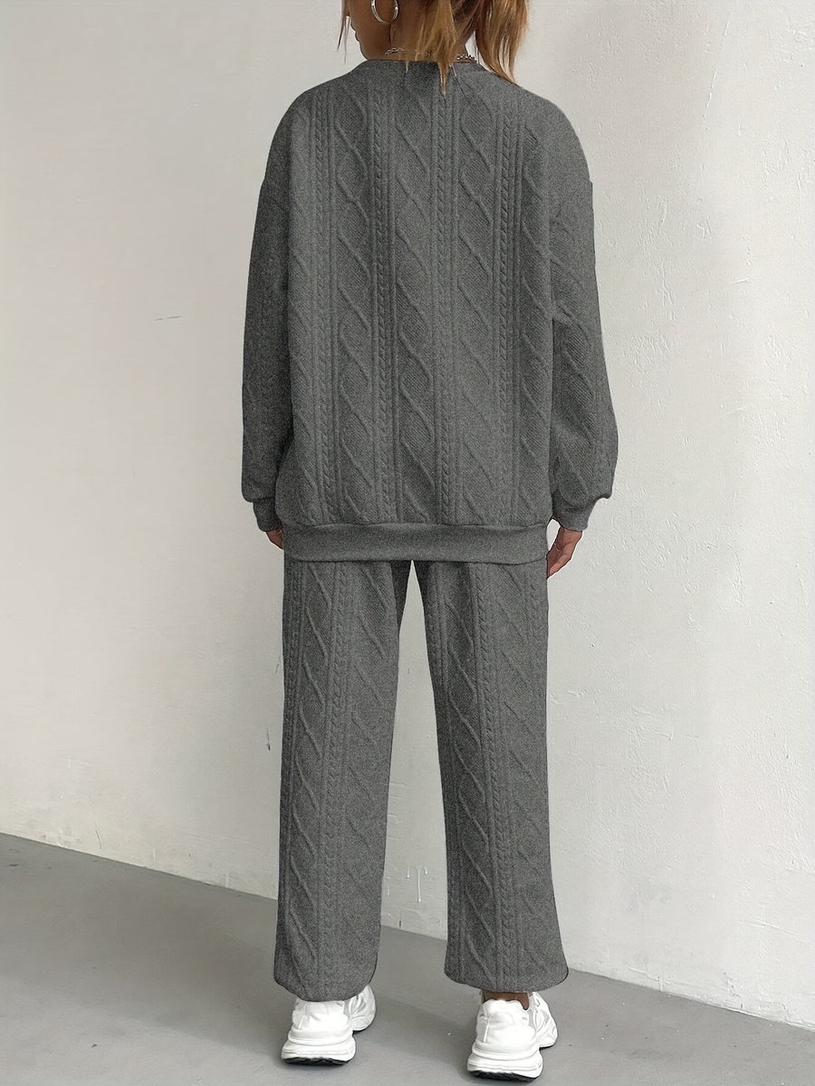 Fashionable And Easy Dark Gray Textured Fabric Jogger Pants And Long-Sleeved Pullover 2pcs Set, Light North - Dark Gray