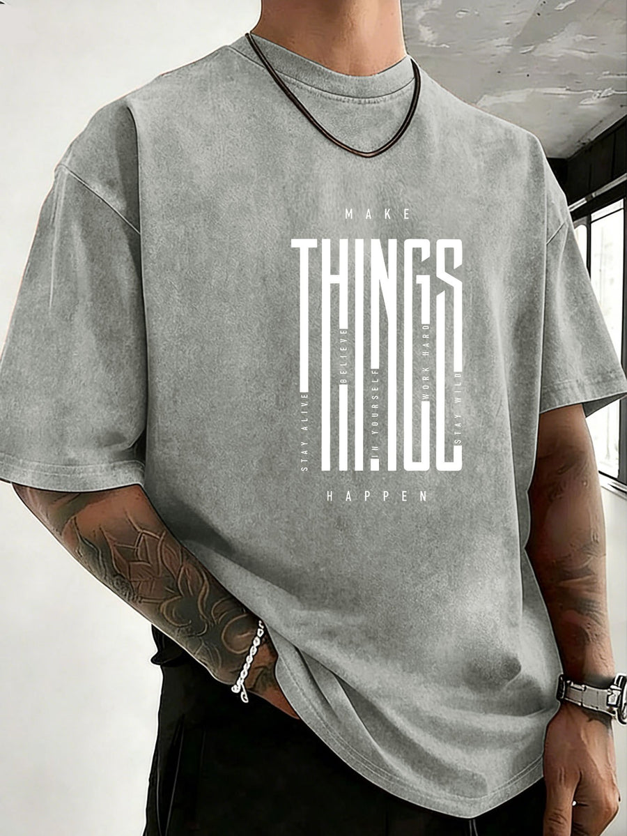 2026 New Unisex T-Shirt, Washed Pure Cotton with Distressed Texture, Double-Sided Print, Breathable and Sweat-Absorbent, Loose Fit for Outdoor Fitness and Sports, Trendy Short Sleeve - Grey