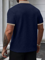 American Retro Polo Shirt Men'S Contrast Collar V-Neck Short Sleeve Textured Jacquard Casual Top (Random Texture) - Navy Color