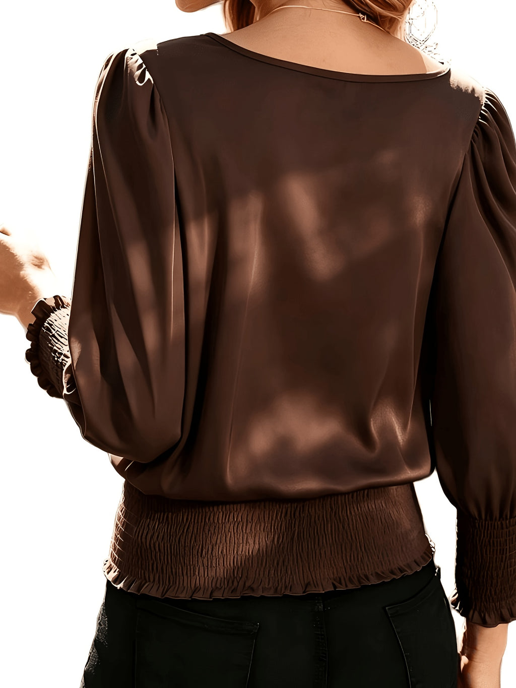 Casual Round Neck Lantern Sleeve Ruffled Women'S Long Sleeve Shirt, Suitable for Spring Summer Fall - Coffee Color