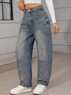 Women'S Vintage Blue Loose Jeans, High-Waist Curved Seam Wide-Leg Bootcut Pants, Casual Street Daily Trousers - 6622 Vintage Blue - Dark Cyan