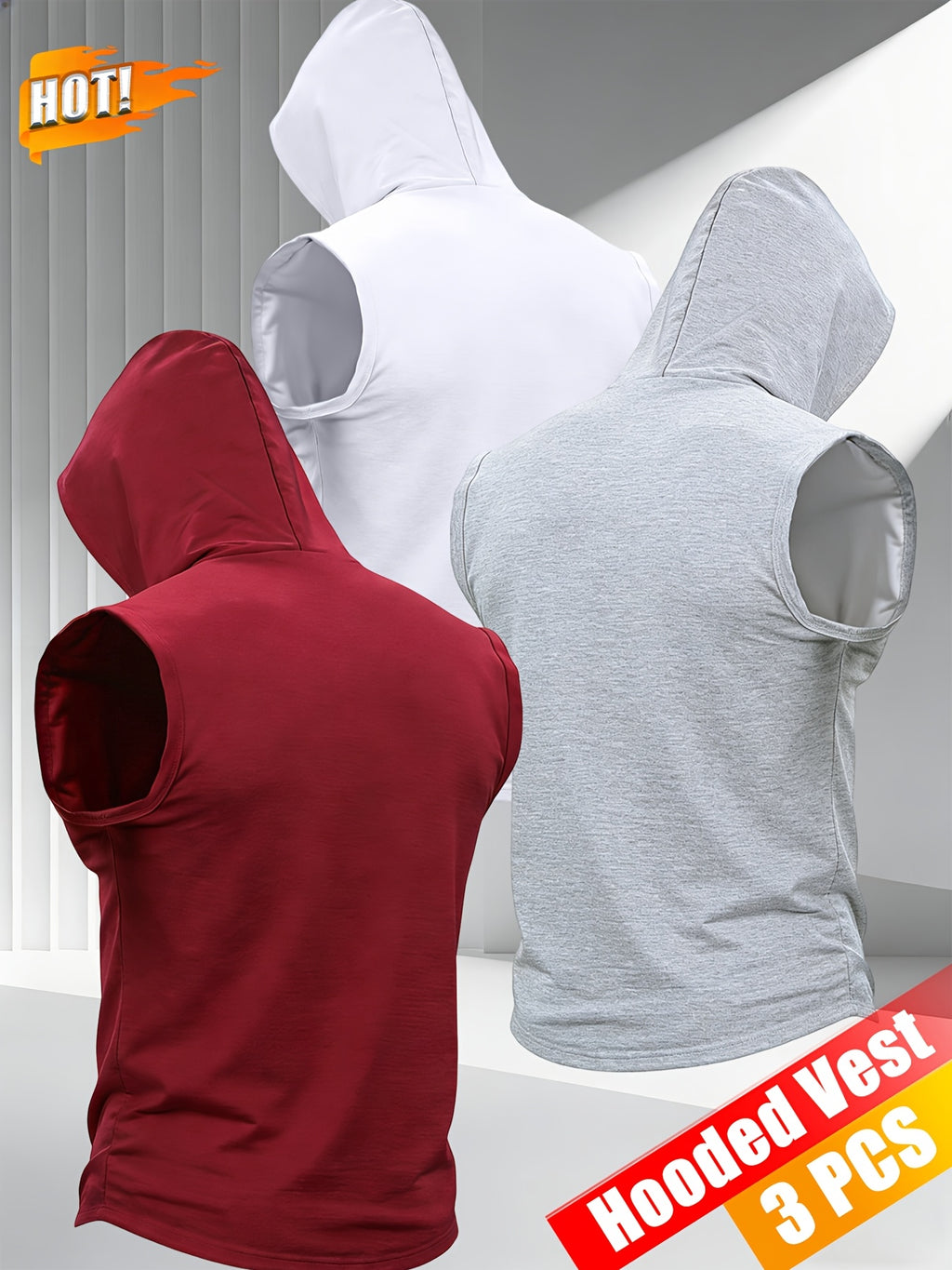 3pcs Men's Hooded Tank Tops, New Summer Style, Skin-Friendly and Breathable Fabric, Sleeveless Loose Fit for a Slimming Look, Versatile for Daily Fitness, Sports, and Streetwear, Essential for Men's Refreshing Summer Outfits - Red+gray+white