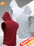 3pcs Men's Hooded Tank Tops, New Summer Style, Skin-Friendly and Breathable Fabric, Sleeveless Loose Fit for a Slimming Look, Versatile for Daily Fitness, Sports, and Streetwear, Essential for Men's Refreshing Summer Outfits - Red+gray+white