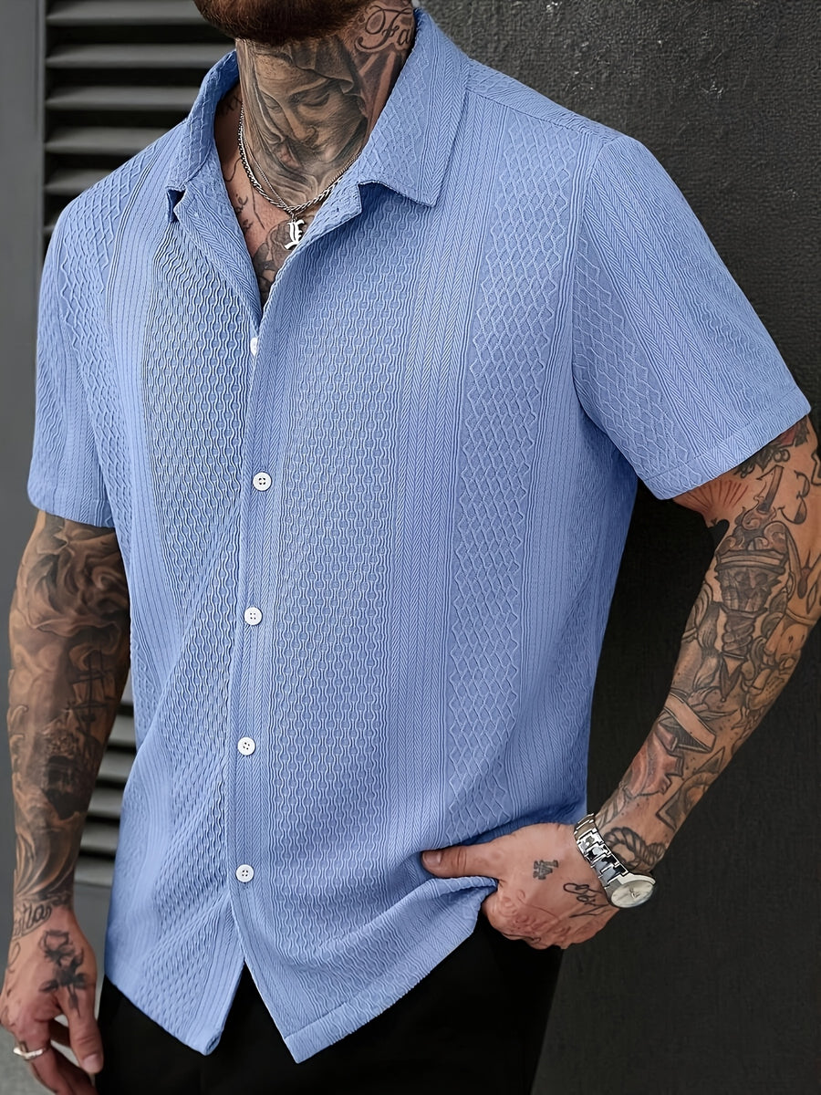 Men'S Solid Color Knitted Short Sleeve Shirt - Light Blue