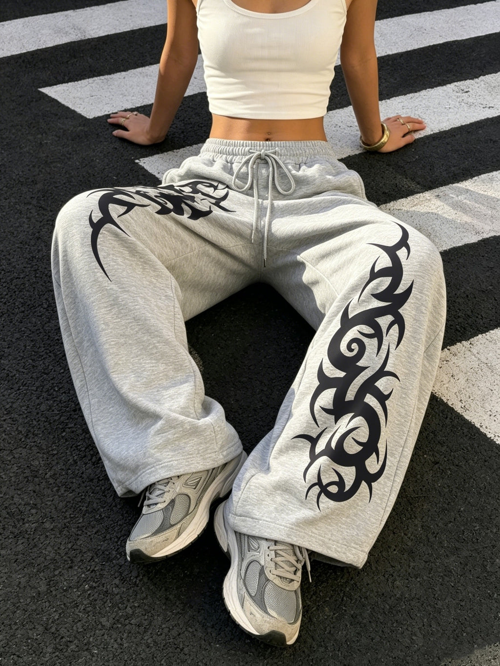 Women's Versatile Irregular Pattern Print Loose Fit Long Pants for Daily Casual and Swear, Hip-Hop Street Style  Drawstring Sweatpants, Suitable for Women's Outdoor S and Leisure, Machine Washable - Grey