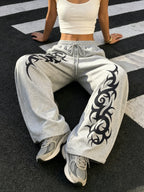 Women's Versatile Irregular Pattern Print Loose Fit Long Pants for Daily Casual and Swear, Hip-Hop Street Style  Drawstring Sweatpants, Suitable for Women's Outdoor S and Leisure, Machine Washable - Grey