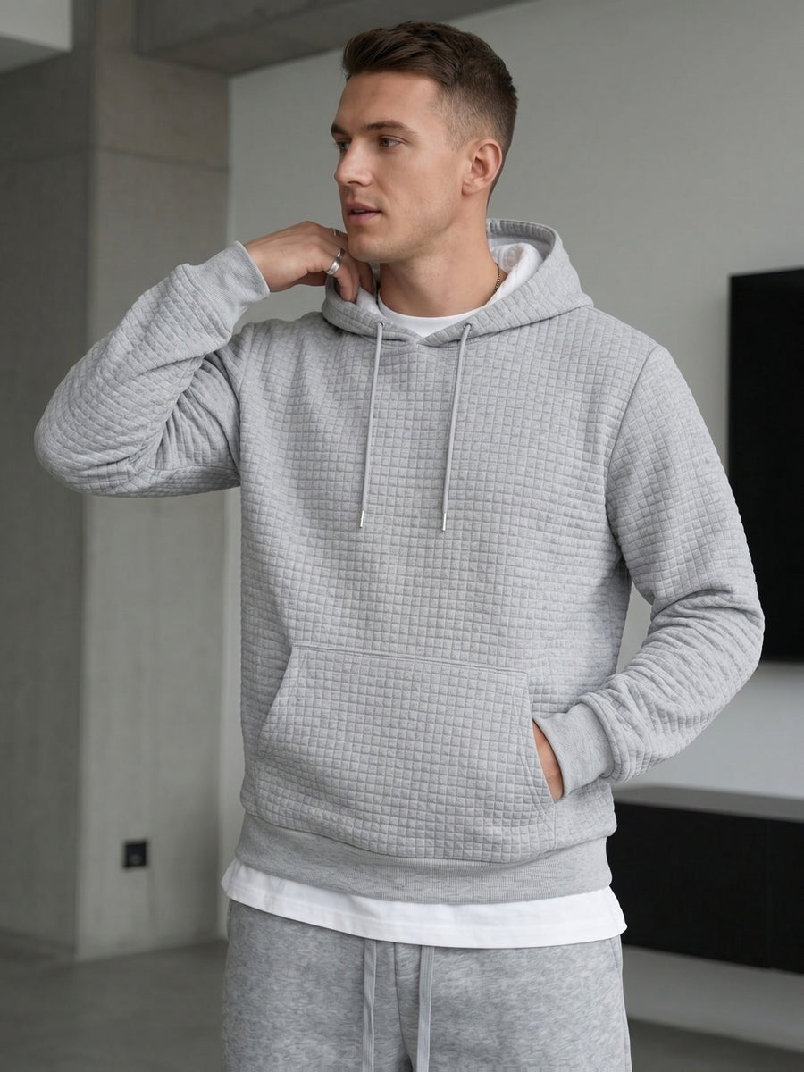 Men's Waffle Knit Hooded Sweatshirt, Spring/Autumn Long-Sleeve Pullover, Textured Checkered Breathable Fabric, Loose Fit with Drawstring Kangaroo Pocket, Casual Commuter Top - Light Grey