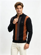 Men's Half-Zip Stand Collar Color-Block Knit Sweater, Cable Textured Pullover, Retro Sporty Fall Winter Top - Black