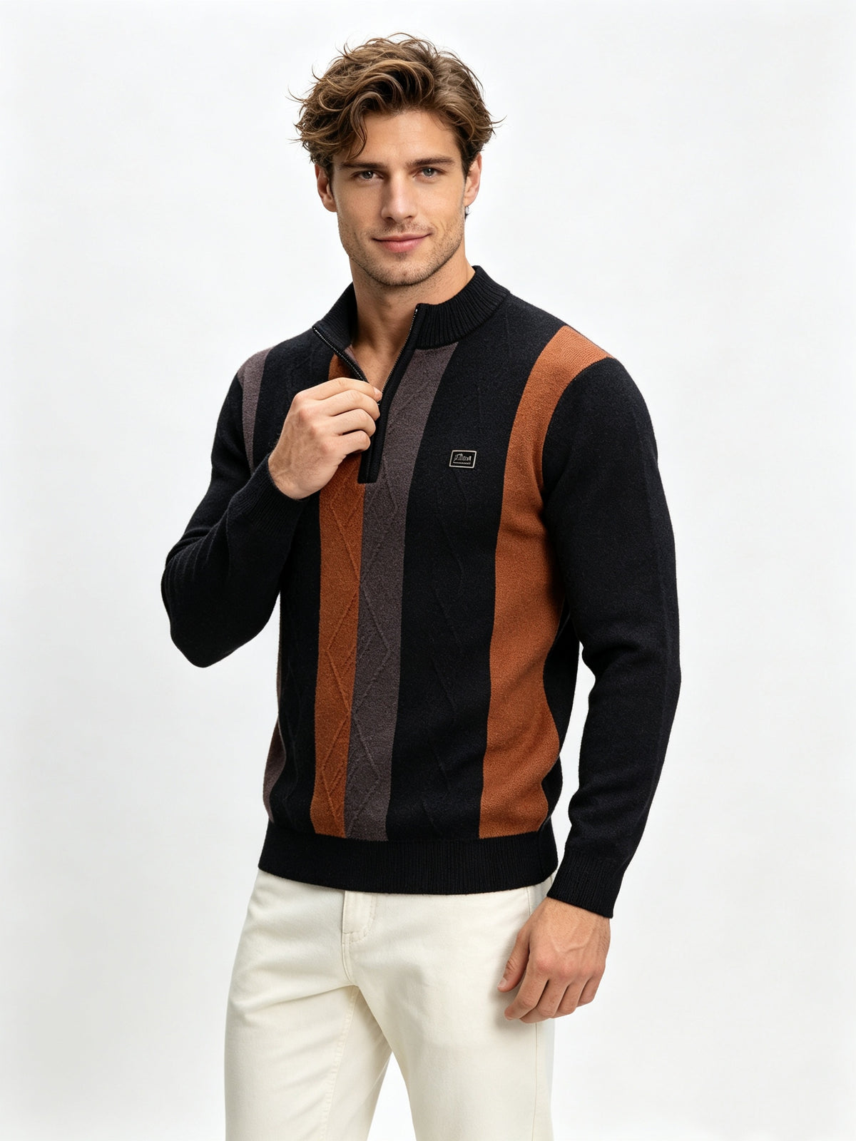 Men's Half-Zip Stand Collar Color-Block Knit Sweater, Cable Textured Pullover, Retro Sporty Fall Winter Top - Black