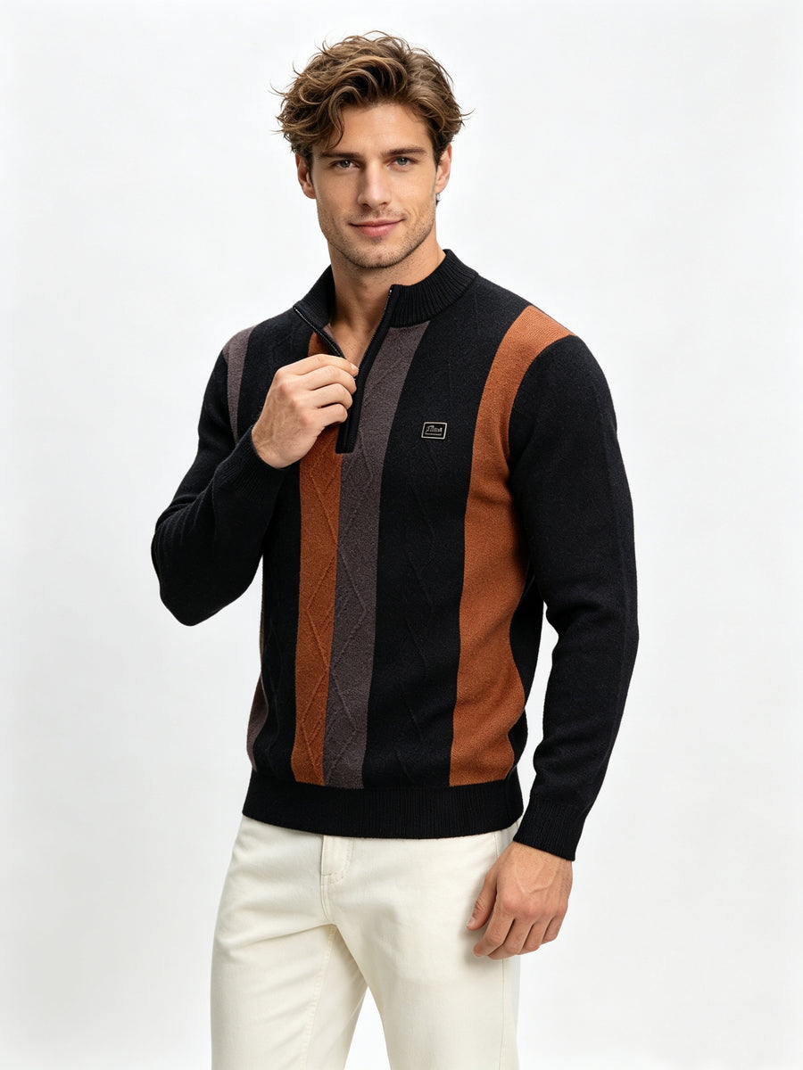 Men's Half-Zip Stand Collar Color-Block Knit Sweater, Cable Textured Pullover, Retro Sporty Fall Winter Top - Black