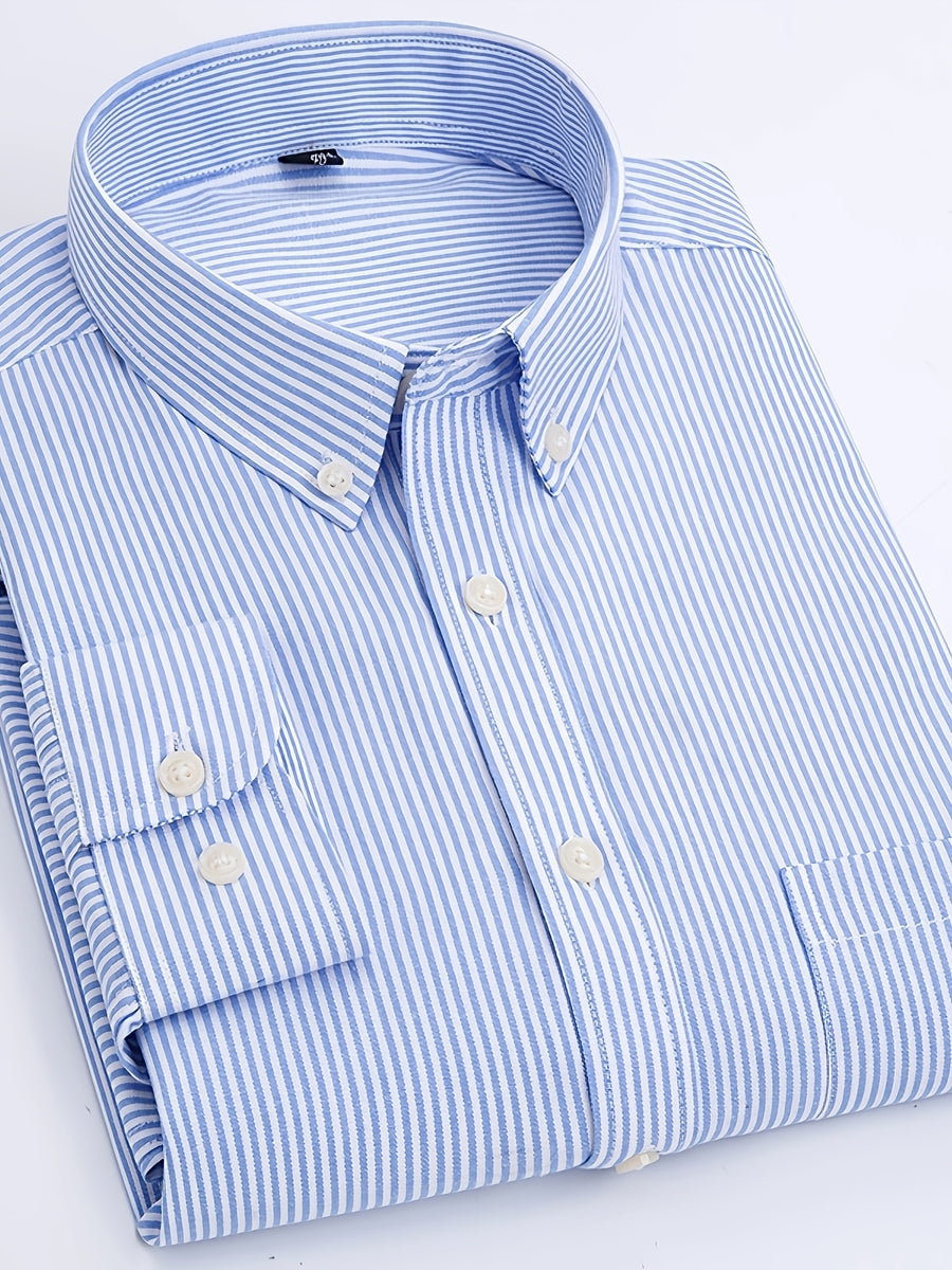 Classic Men's Striped Oxford Shirt with Chest Pocket, Button- Collar, Versatile Long-Sleeve Top for Daily Commute - Light Blue Stripes