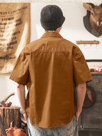 Men's Casual Short Sleeve Shirt, Blend Workwear Button Shirt with Multi Pockets, Solid Color Loose Fit, Breathable Summer Tops for Outdoor Daily WearMen's Multi-Pocket Short Sleeve Work Shirt, Casual Loose Fit Blend Button Shirt for Daily & Outdoor - Chocolate