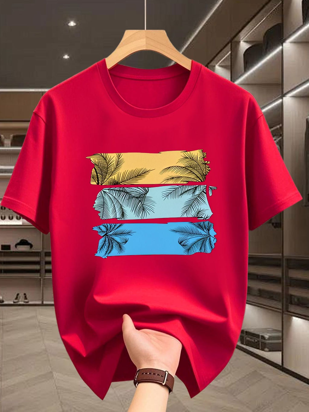 Men'S T-Shirt Featuring a Stylish Black Palm Tree Print, with a Unique Hand-Drawn Design in a Combination of Yellow, Blue, And Pink Colors - Red