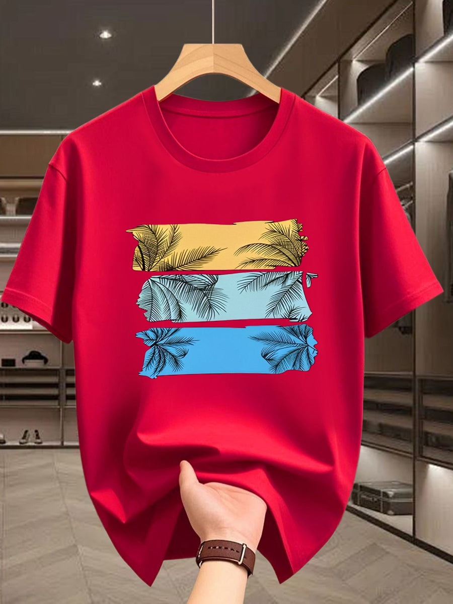 Men'S T-Shirt Featuring a Stylish Black Palm Tree Print, with a Unique Hand-Drawn Design in a Combination of Yellow, Blue, And Pink Colors - Red