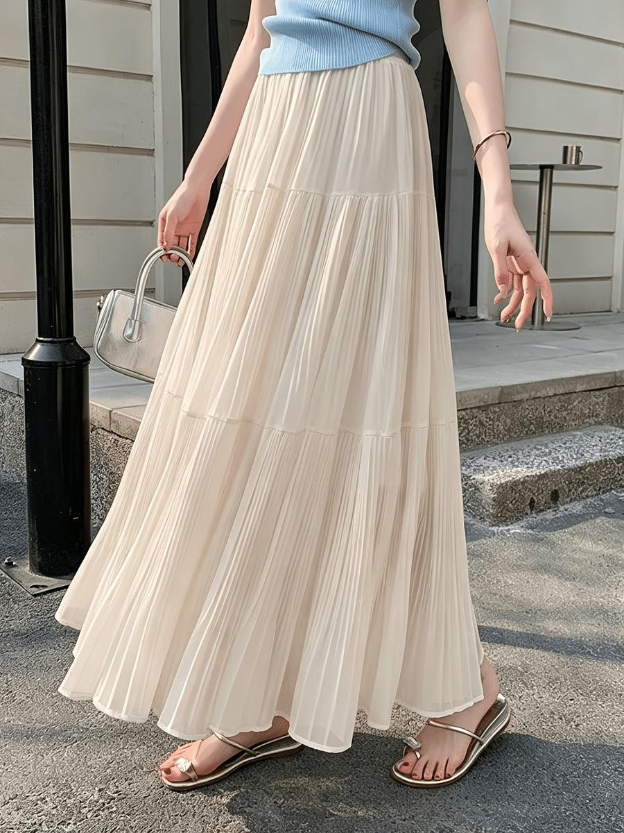 Pleated A-line Skirt with a Loose, Flared Cut - Apricot