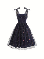 Women'S Princess Dress, Chic Summer Waist-Cinching Tube Top Hepburn Style Cami Dress, Vintage - Navy Color