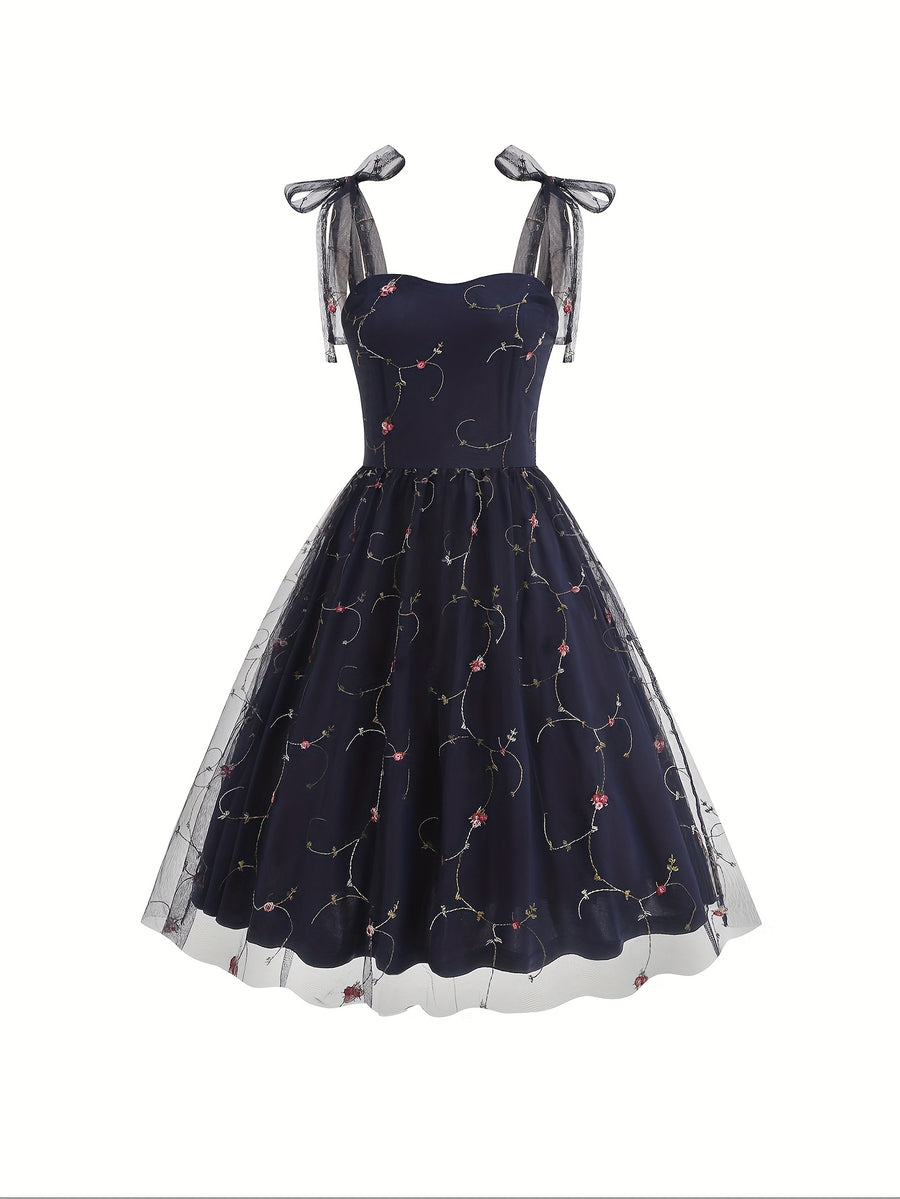 Women'S Princess Dress, Chic Summer Waist-Cinching Tube Top Hepburn Style Cami Dress, Vintage - Navy Color