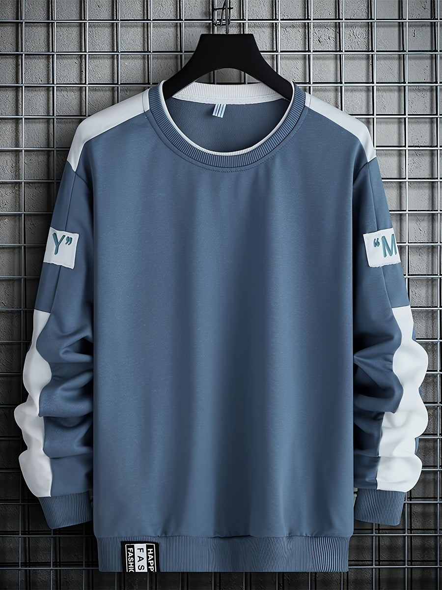 1pc Men's Casual Sportswear Top, Pullover Fashion Long Sleeve, Suitable for Spring and Autumn Outdoor Daily Running, Color-Block Letter Men's Sweatshirt - Blue