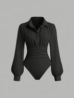 Workplace Business Style Lapel Jumpsuit, Waist-Cinching Pleated Design Long Sleeve Shirt Bodysuit - Black