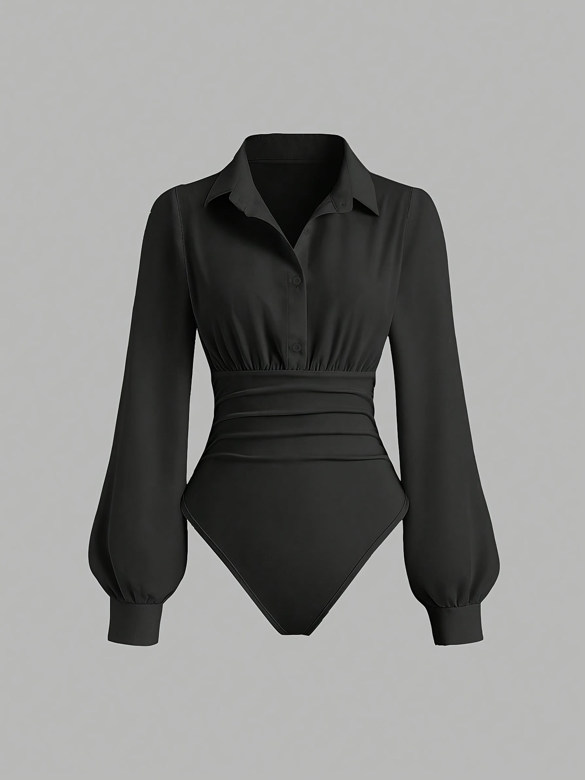 Workplace Business Style Lapel Jumpsuit, Waist-Cinching Pleated Design Long Sleeve Shirt Bodysuit - Black