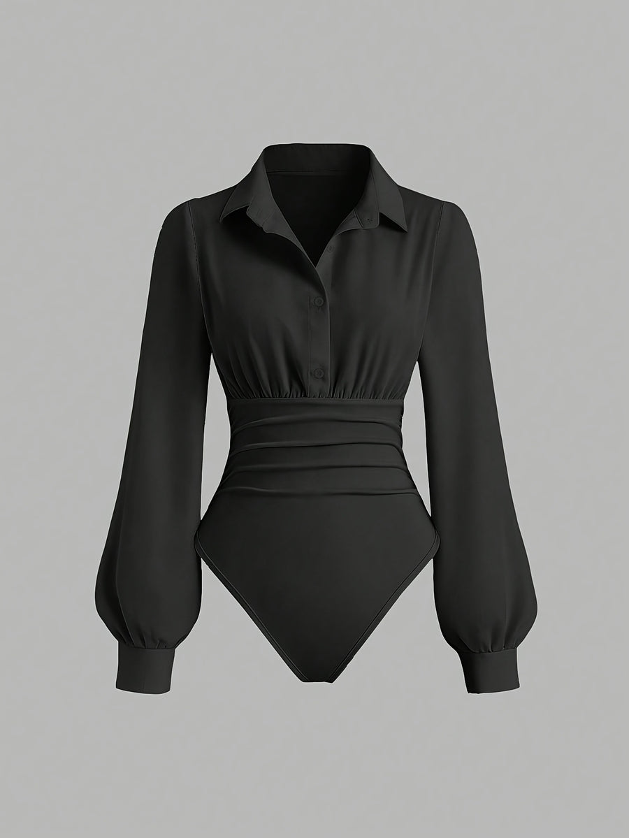 Workplace Business Style Lapel Jumpsuit, Waist-Cinching Pleated Design Long Sleeve Shirt Bodysuit - Black
