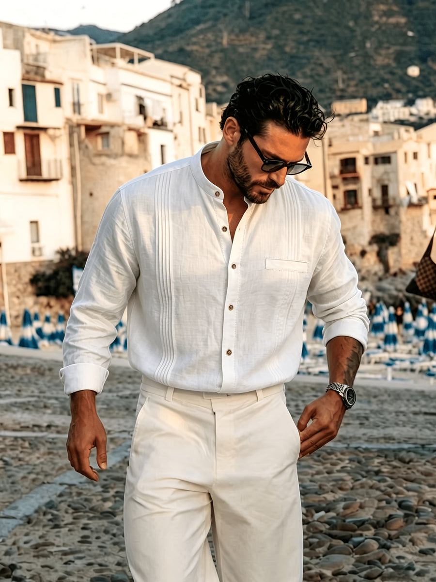Men's Lightweight Breathable Linen Shirt with Stand-Up Collar & Roll-Up Sleeves - Retro Button-Front Suitable for Beach Vacation, Commuting, Casual Wear, Symmetrical Pleats, Single Pocket, Machine Washable Summer Top (Gift Selection) - White