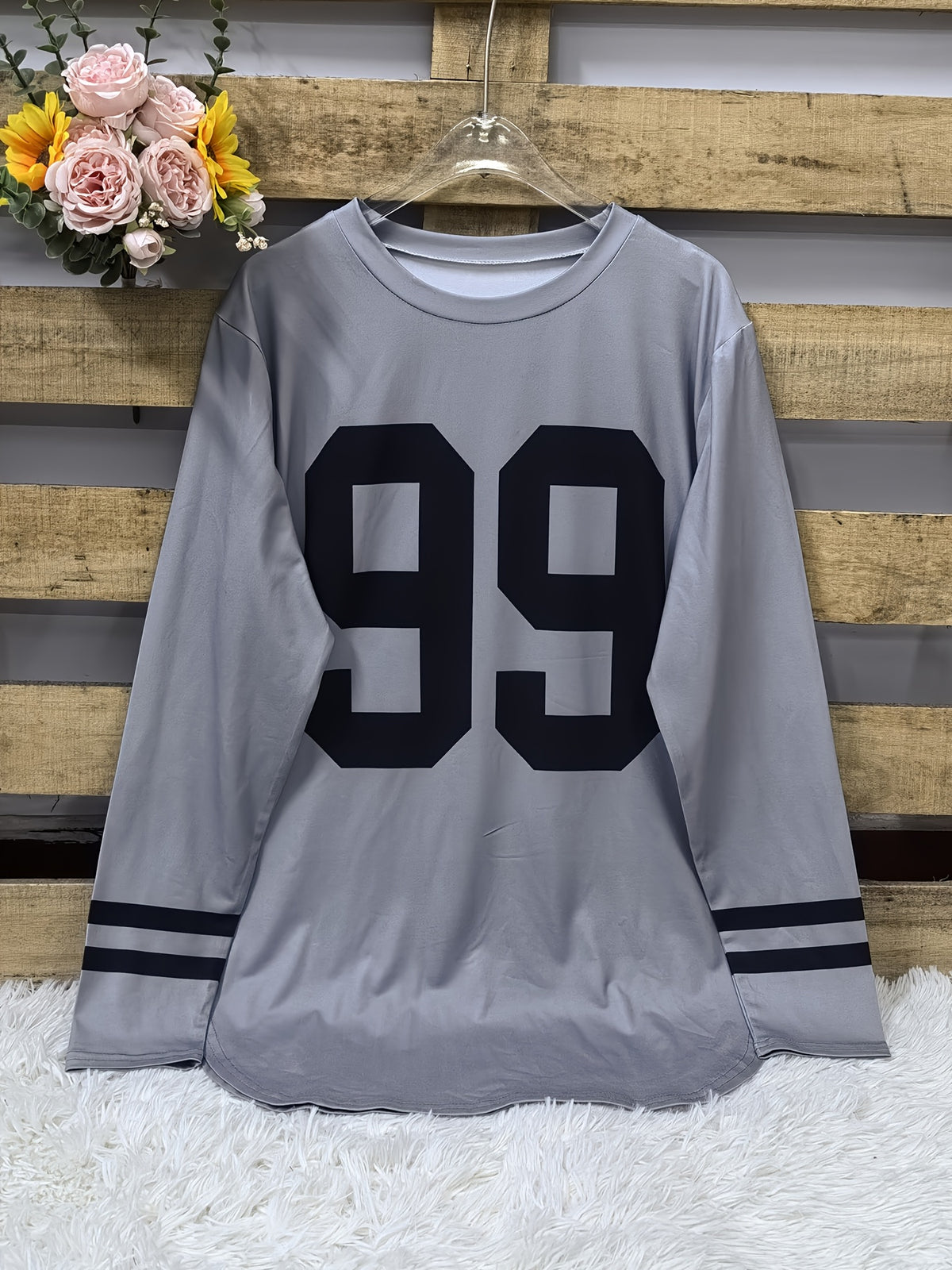 Women's Oversized '99' Number Print Blouse - Long Sleeve Casual Loose Fit SweeSuitable for Year-Round Wear, Machine Washable Comfy Tunic Top - Grey