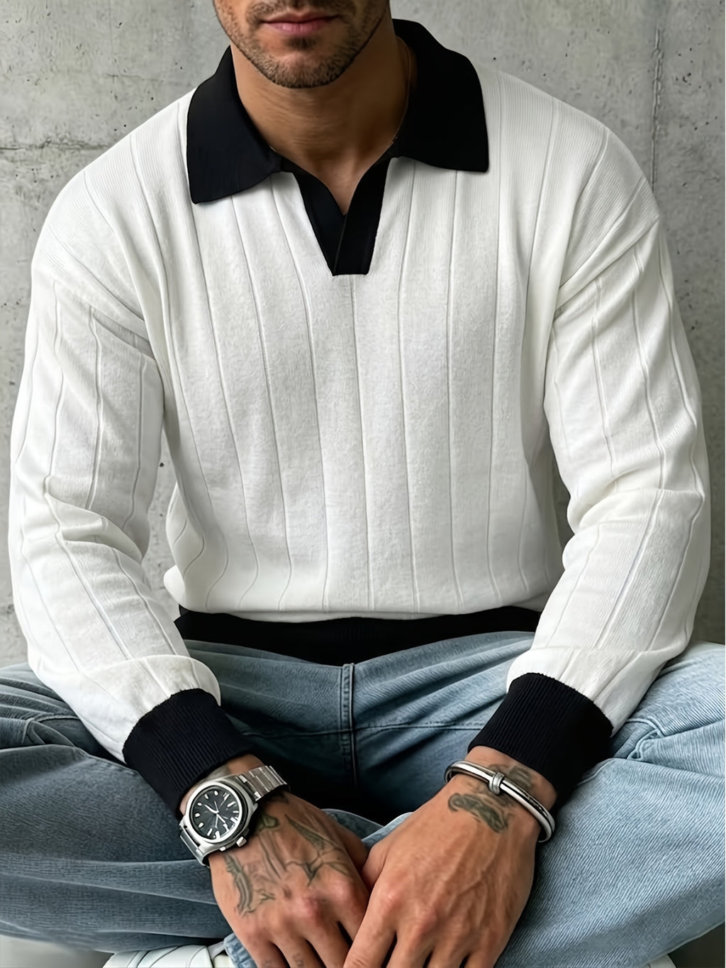 Men'S Casual Easy Black And White Contrast Polo Neck Comfortable Breathable Fashion Trendy Men'S Light Business Knit Sweater Pullover Sweater Autumn Winter New Product Office School Party Commute Wear 1pc - Mixed colors