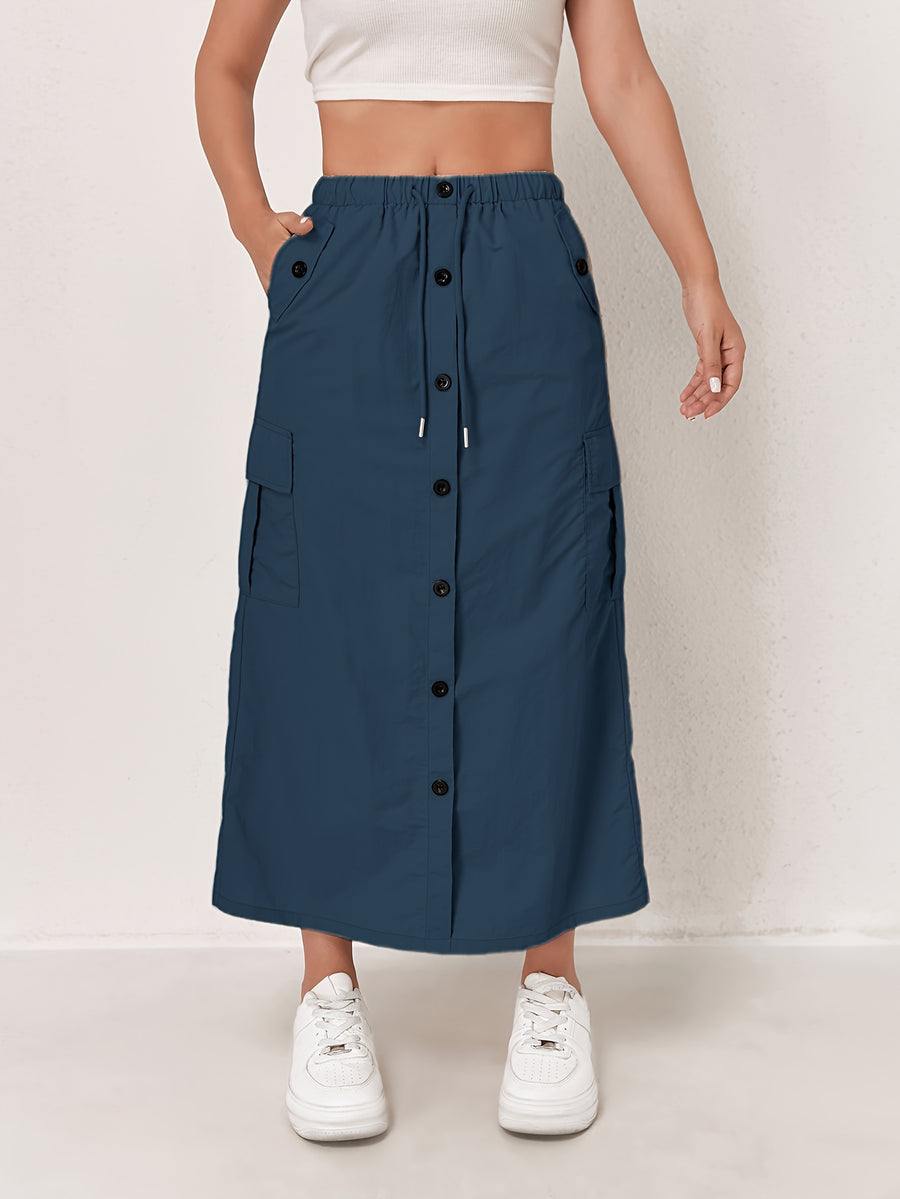 Outdoor Quick-Dry Cargo Skirt Button Design High-Waist Casual Women'S Half Skirt Multi-Pocket Machine Washable Mid-Length Dress - Navy Color