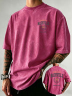 NASHVILLE Music City Text Print Men'S Vintage Washed Loose Short Sleeve T-Shirt - Bright Pink Color