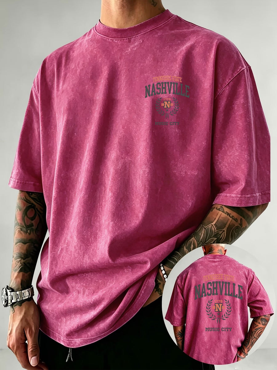 NASHVILLE Music City Text Print Men'S Vintage Washed Loose Short Sleeve T-Shirt - Bright Pink Color