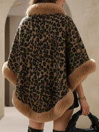 1pc Women's Elegant Leopard Print Sweater Coat with Plush Faux Collar, Sleeveless Winter Jacket, Round Neck Thick Warm Pullover for Fall/Winter, Luxurious Faux Trim (Hand Wash/Dry Clean) - Christmas/Halloween Gift - Khaki