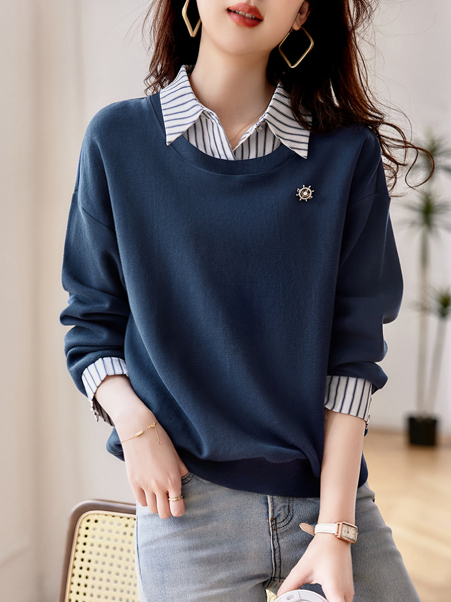 Women'S Fall Winter Casual Comfortable Fashion Long Sleeve Collared Striped Collar Polo Shirt - Navy Color