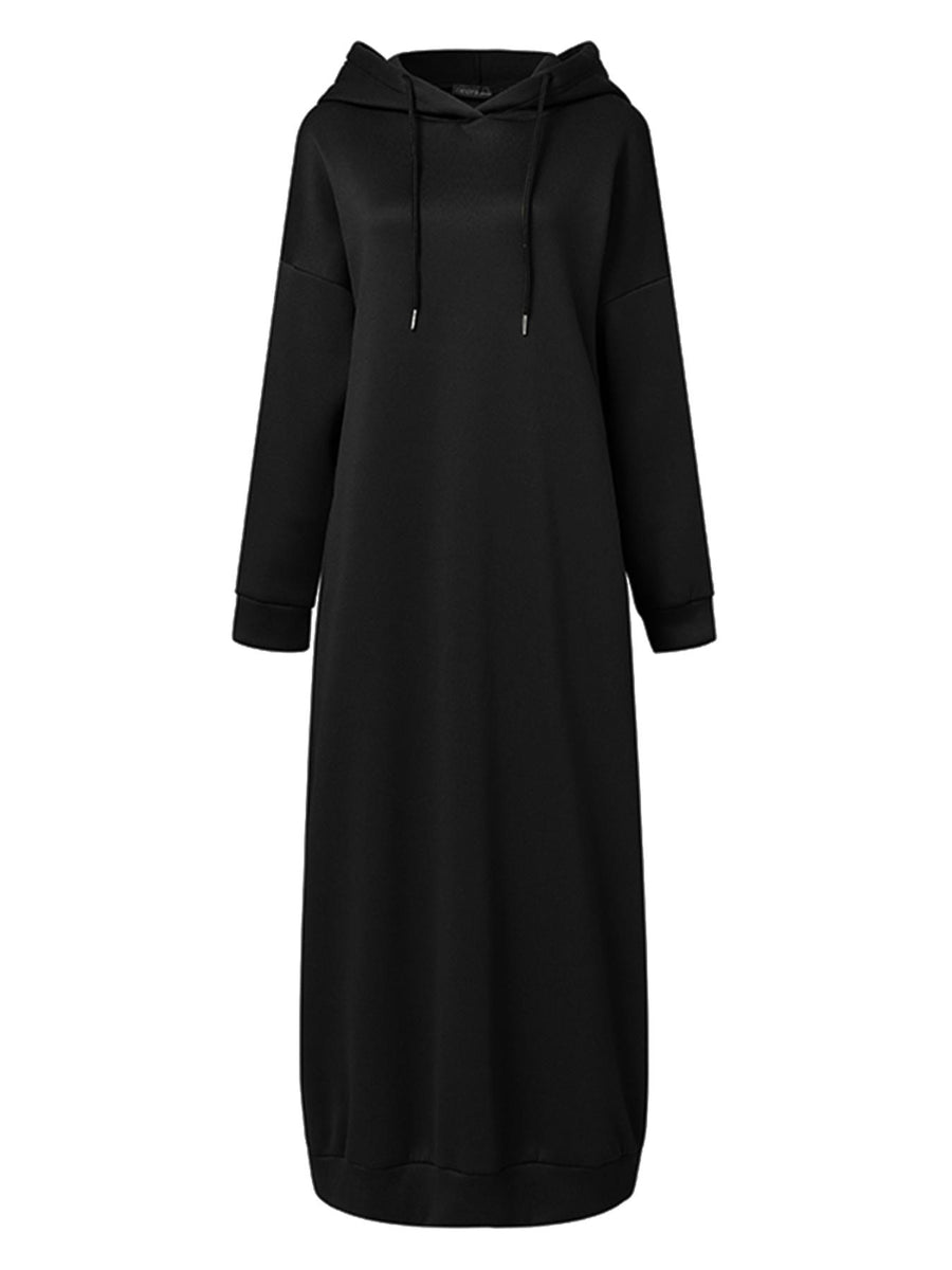 Women Baggy Middle East Solid Color Hooded Long Sleeve Drawstring Design Loose Thin Spring Fall Simple All-match Casual Abayas Sweatshirt Dress - Black