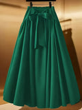Women'S Elegant High-Waist Bow A-Line Trumpet Midi Dress - Dark Green