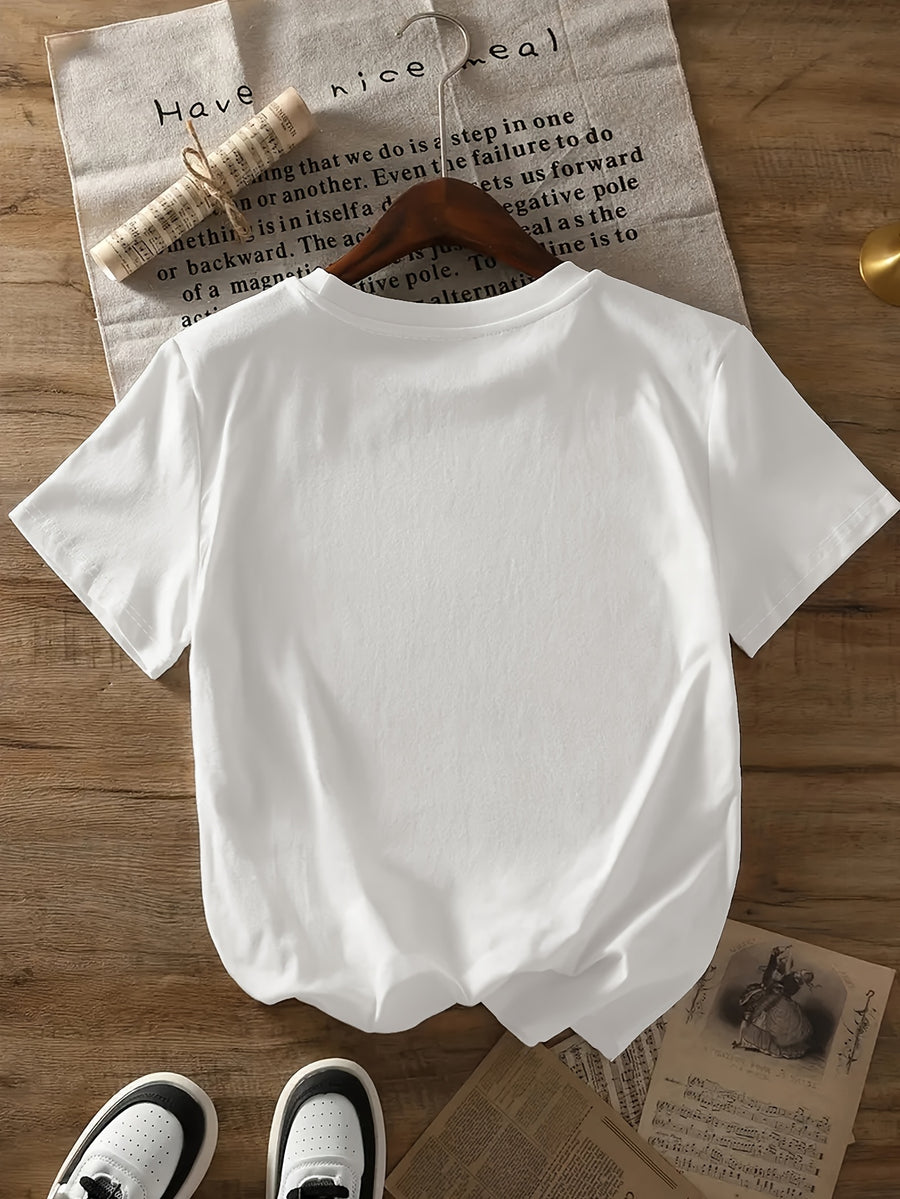 Women's High-Elastic Blouse T-Shirt Suitable for Café Visits, Picnic & Home Wear - Minimalist Smiling Face Print Round Neck Top, Machine Washable Non- Shirt for - Casual Outfits (Age-Reducing Versatile Wardrobe Staple) - White