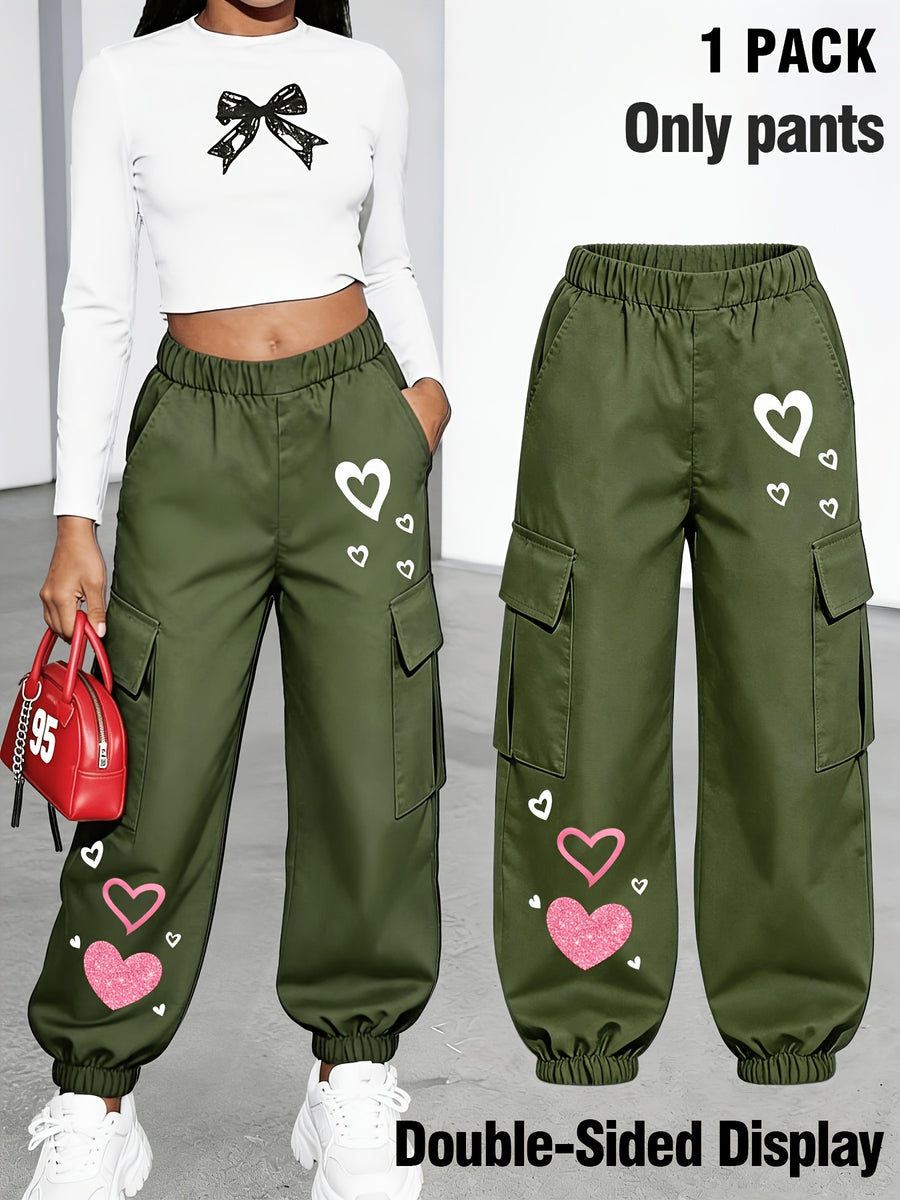 New Arrival - Women's Cargo Pants Sold Individually, Cute and Fun Heart Print Work Pants with Multiple Pockets, Cargo Pants Style, Long Pants for Fashionable Aged 18-25, Machine Washable, Durable Fabric - Suitable for Spring and Summer - Olive Green