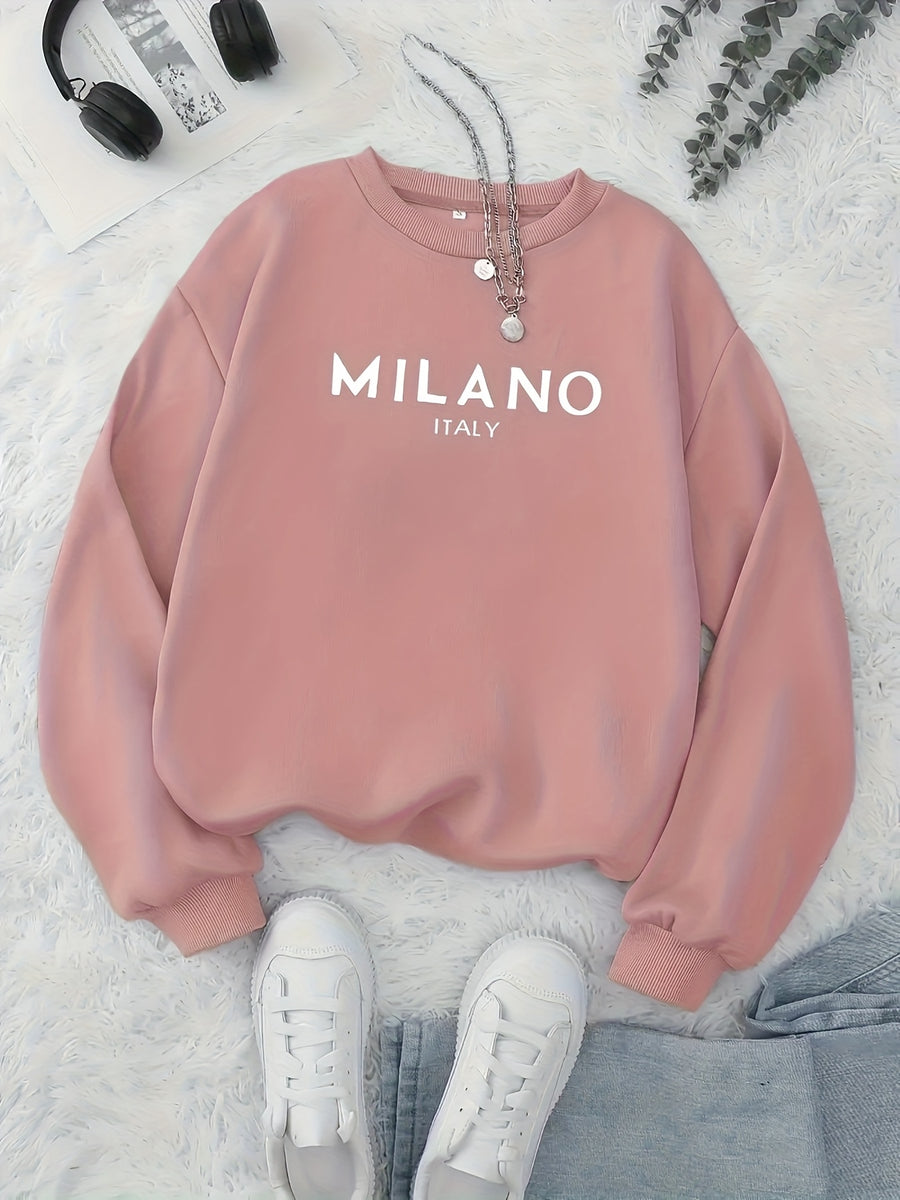 Women's Fashion Round Neck Letter Pattern Print Casual Sweatshirt - Dark Pink