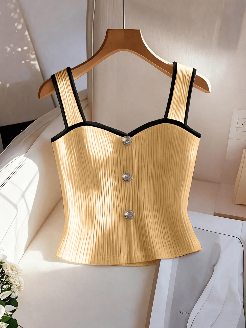 New Spring Summer Style, Elegant French Style Sleeveless White Vest, Fashionable And Graceful, Featuring High-End Decorative Buttons And a Unique Black And White Block Design - ginger-colored