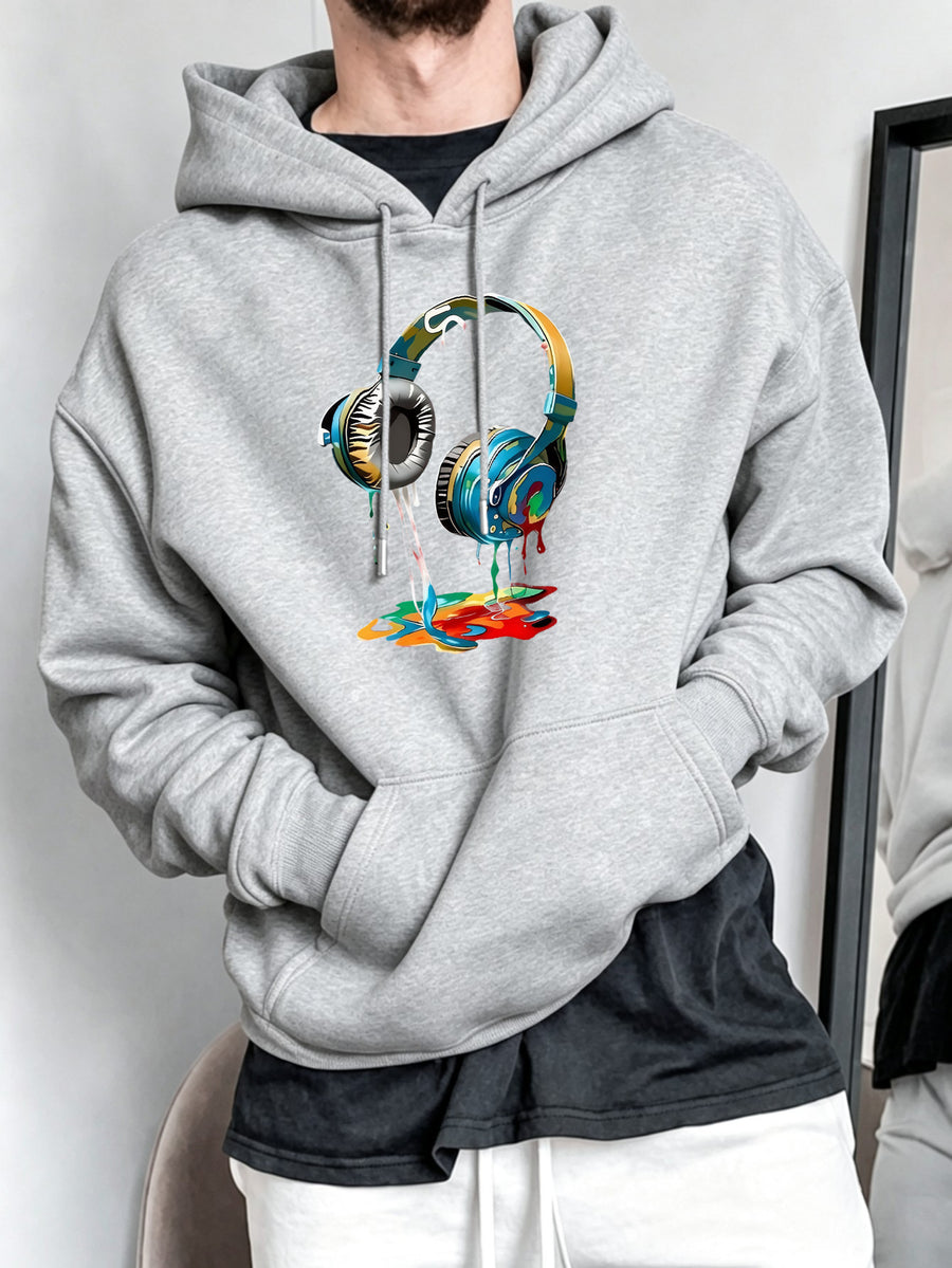 Men's Hoodie, Music Festival, Colorful Dripping Headphones Graphic, Pullover Sweatshirt, Streetwear Style, Casual Daily Wear Fall Winter, Front Print Design with Kangaroo Pocket And Drawstring Hood - Light Grey