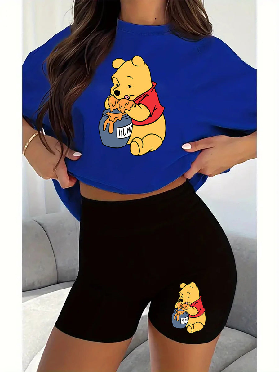 Women'S Disney-Themed T-Shirt Set Featuring a Casual Round Neck And Short Sleeves with a Winnie The Pooh Print, Perfect for Everyday Wear Or As a Gift. Ideal for Daily Outfits, Trendy Casual Wear - Blue