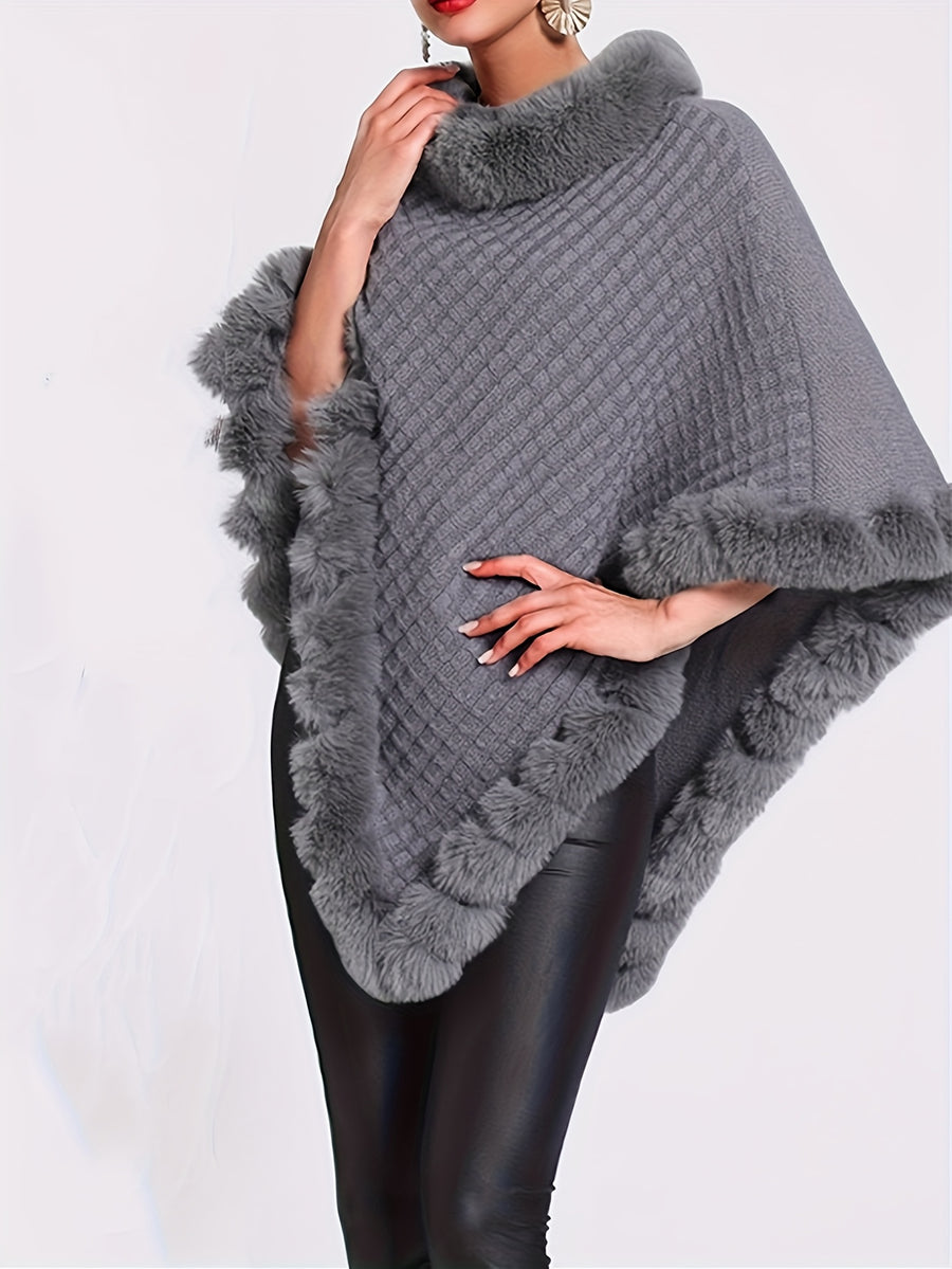 Women'S Elegant Faux Fur Collar Cape Coat - Soft Winter Coat with Plush Fur Trim, All-Season Chic Outerwear for Everyday & Formal Events - Grey