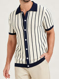 Men'S Summer Cardigan Short Sleeve Striped Polo Shirt, Short Sleeve Knit Sweater T-Shirt with Collar, Button-Up - M Beige