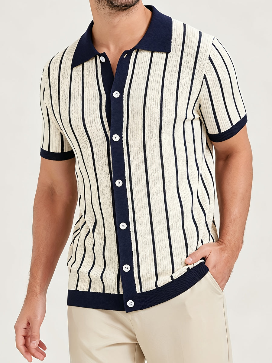 Men'S Summer Cardigan Short Sleeve Striped Polo Shirt, Short Sleeve Knit Sweater T-Shirt with Collar, Button-Up - M Beige