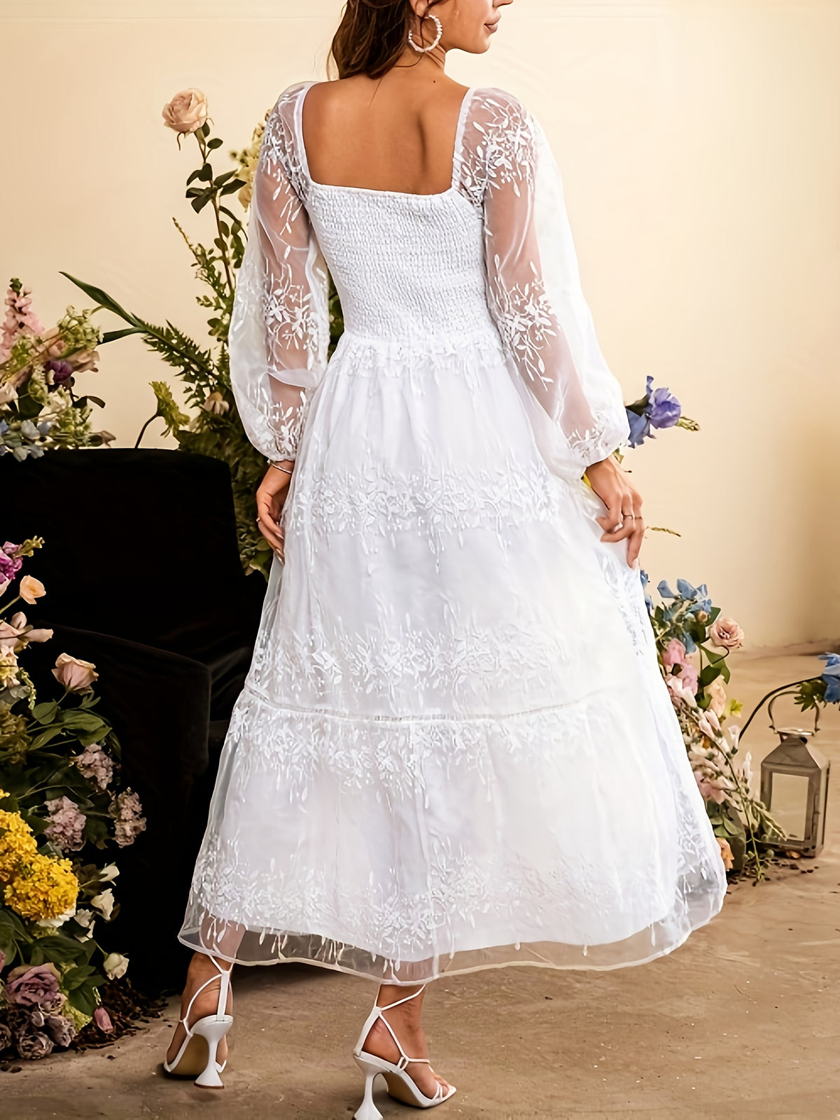 Women's Summer New Solid Color High-Waist Mesh Long Sleeve Dress - Ivory White